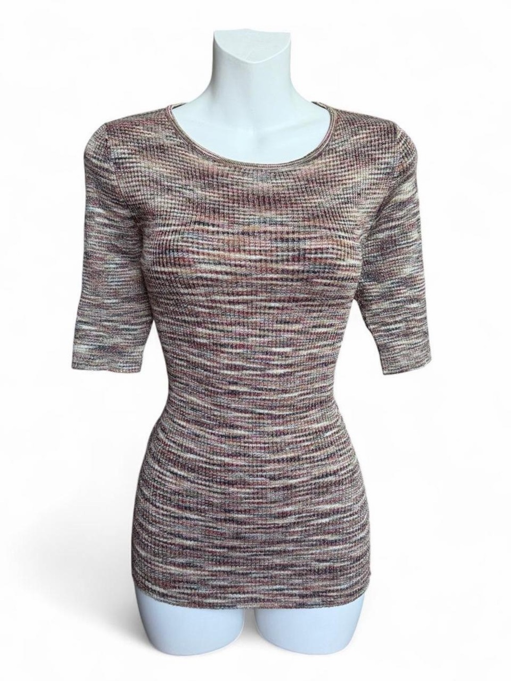Ellen Tracy Multicolor Ribbed Short Sleeve Knit Top in Olive, Burgundy & Taupe